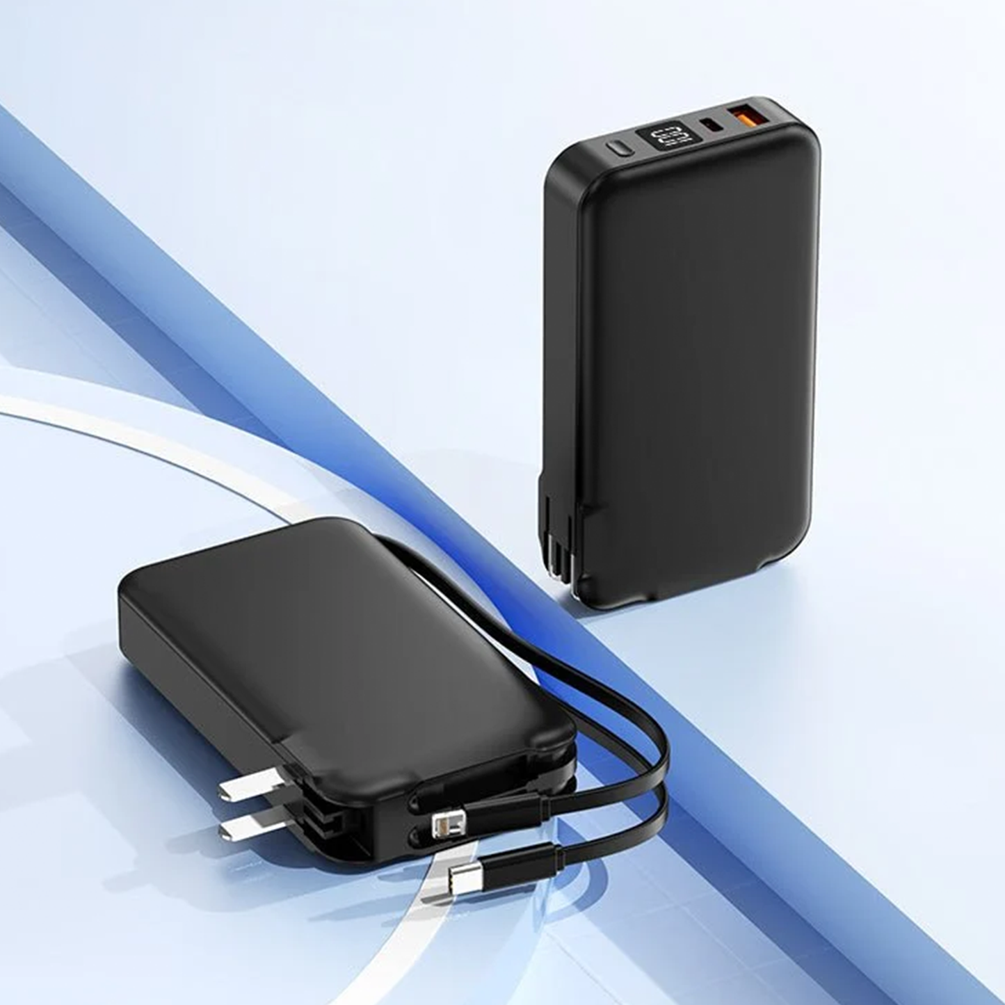 All-In-One Portable Backup Battery With Foldable AC Prongs, Integrated Cables And Digital Power Readout