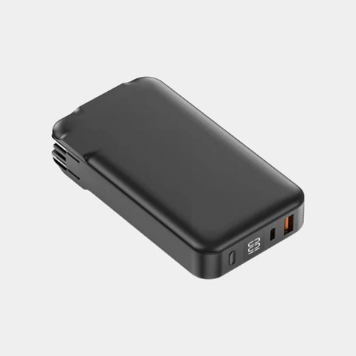 All-In-One Portable Backup Battery With Foldable AC Prongs, Integrated Cables And Digital Power Readout